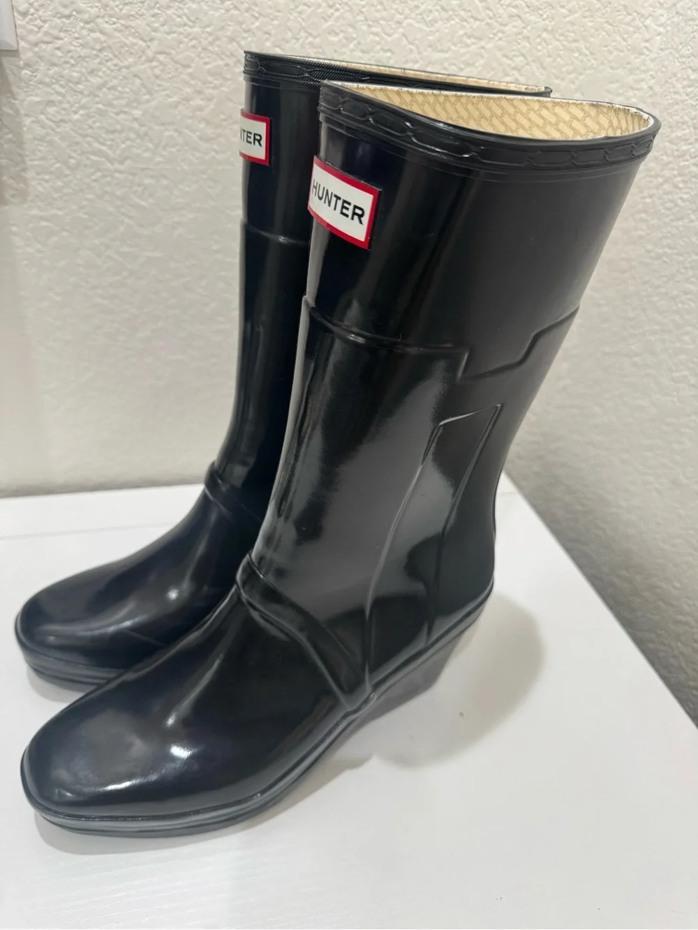 Hunter Kellan Black Gloss Platform Wedge Rain Boots Womens 9 Waterproof Mid Calf